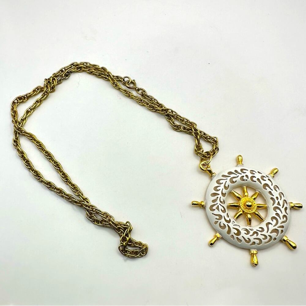 JJ Jonette Wheel Necklace White Enamel Gold Tone Filigree Nautical Boat Vintage